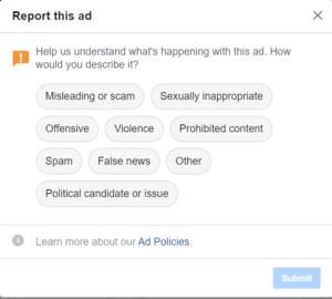 Picture of reporting Ad on Facebook