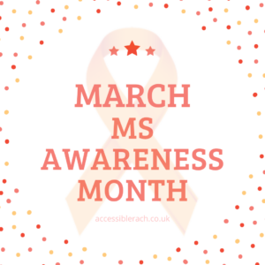 Picture with orange ribbon centre and March is MS Awareness Month in words