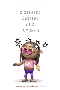 Cartoon woman with small glasses and lone dark hair with a pink top and purple leggings on with stars around her head and the words dizziness vertigo and nausea