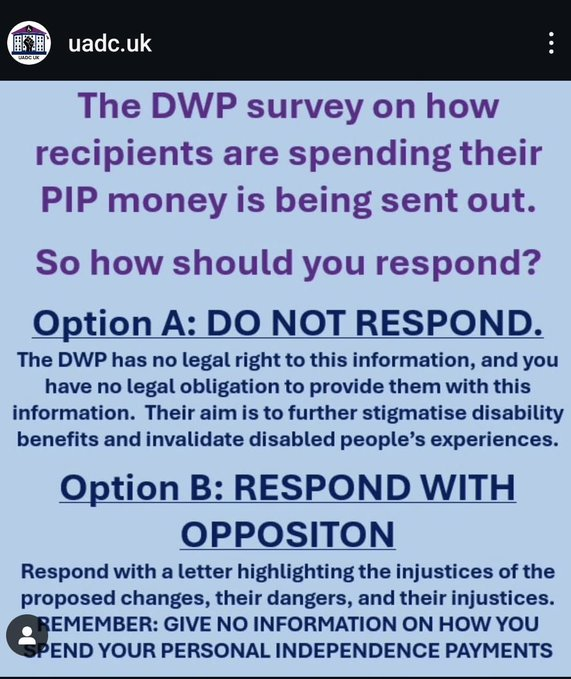 Graphic advising on how to respond to the DWP survey about PIP spending, offering options to ignore or oppose the survey.