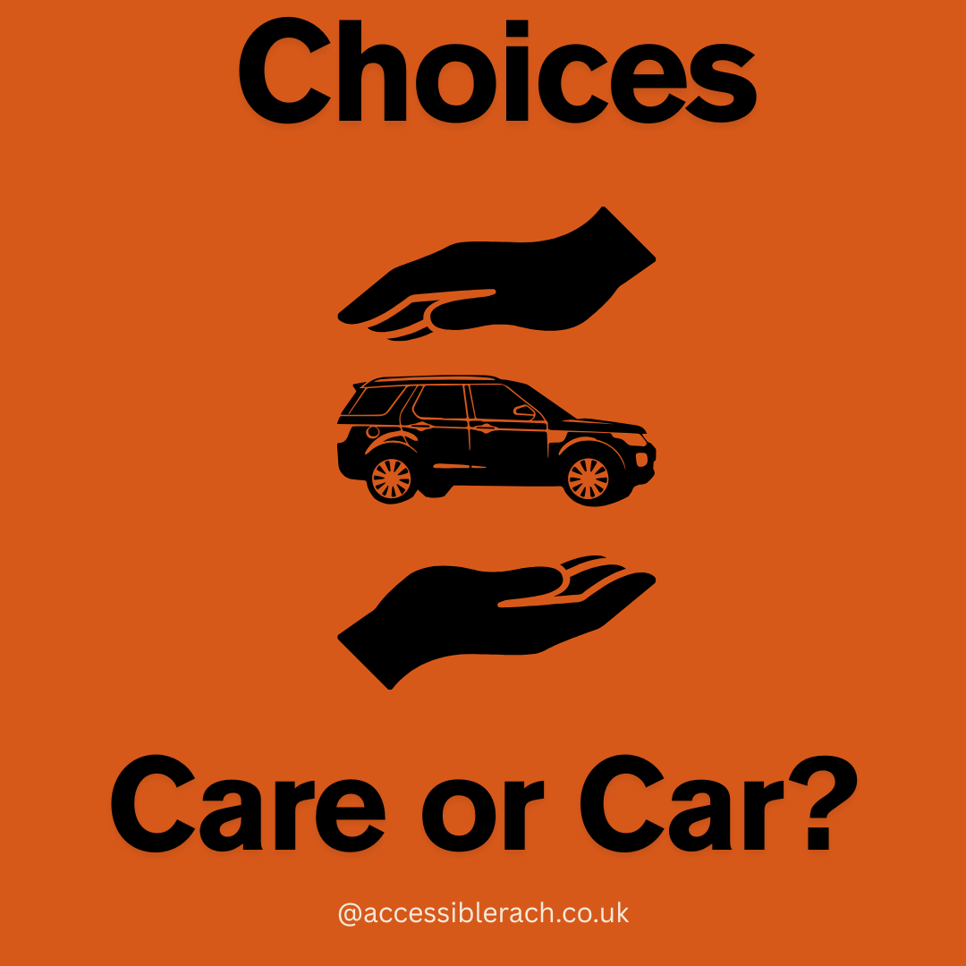 Orange background with black text, choices, care or car with open hands over and over a black car